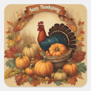 Sticker Carré Bon thanksgiving Turquie Vintage avec Citrouilles