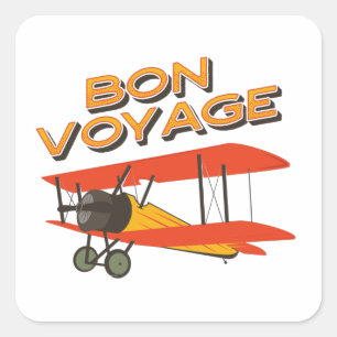 Sticker Carré Bon Voyage Biplane Avion Vintage