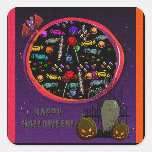 Sticker Carré Bonbons, pierre tombale et Jack o' Lanterns (Devant)