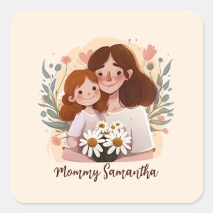 Sticker Carré Bond adorable maman et fille - Cadre floral (2)