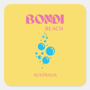 Sticker Carré Bondi Beach, Travel Art, Preppy, Jaune, Rose