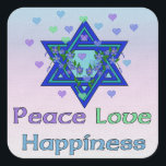 Sticker Carré Bonheur d'amour de paix<br><div class="desc">Les coeurs,  l'étoile de David,  et les mots "bonheur d'amour de paix" sont une belle manière de dire Hanoukka heureux.</div>