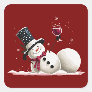 Sticker Carré Bonhomme de neige avec vin cadeau de Noël vacances