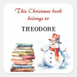 Sticker Carré Bonhomme de neige de Noël Enfants Ce livre apparti