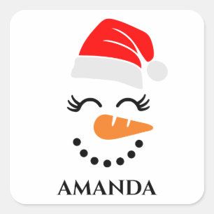 Sticker Carré bonhomme de neige de Noël personnalisé avec nom pe