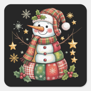 Sticker Carré Bonhomme de neige en patchwork rétro Joyeux Noël C