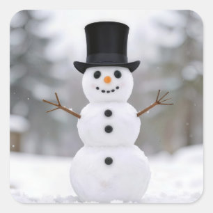Sticker Carré Bonhomme de neige heureux portant un chapeau haut