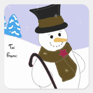 Sticker Carré Bonhomme de neige joyeux avec chapeau et canne