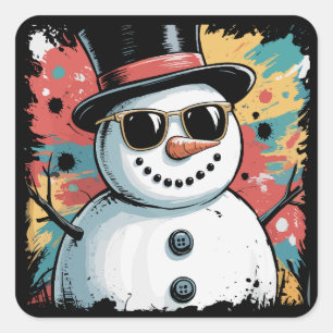 Sticker Carré Bonhomme de neige Noël Coup de pinceau Éclaboussur