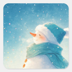 Sticker Carré Bonhomme de neige souriant avec bonnet et écharpe