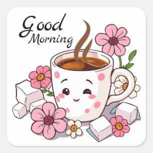 Sticker Carré Bonjour Café Cute Kawaii