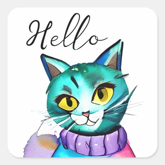 Sticker Carré Bonjour  | Cute chat bleu Kitty (Devant)