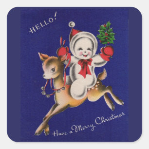 Sticker Carré Bonjour ! Joyeux bonhomme de neige de Noël sur ren