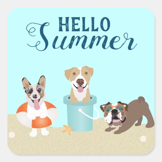 Sticker Carré Bonjour Summer Beach Chiens Blue Orange (Devant)