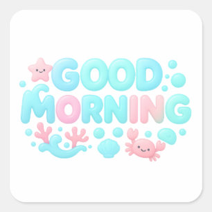 Sticker Carré Bonjour Texte Océan Pastel Brillant