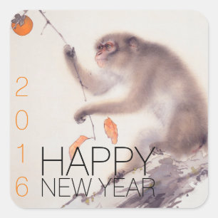 Sticker Carré Bonne année avec peinture japonaise de singe S