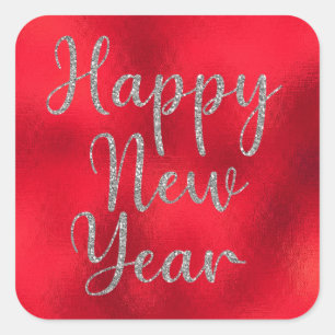 Sticker Carré Bonne Année Paillettes Argent sur Métallisé Rouge