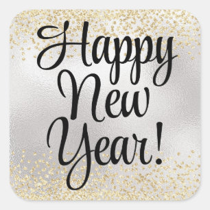 Sticker Carré Bonne Année Paillettes Dorées sur Argent Métallisé