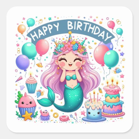Sticker Carré Bonne fête d'anniversaire à la mignonne sirène (Devant)