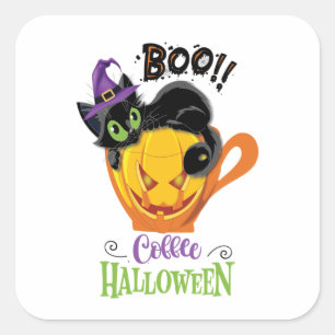 Sticker Carré Boo Black Cat, Scary Pumkin Coffee Halloween