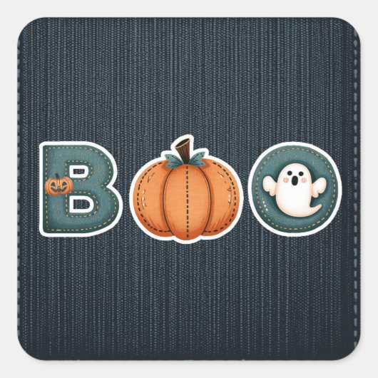 Sticker Carré BOO Denim Rustic Country Citrouille Ghost Hallowee (Devant)