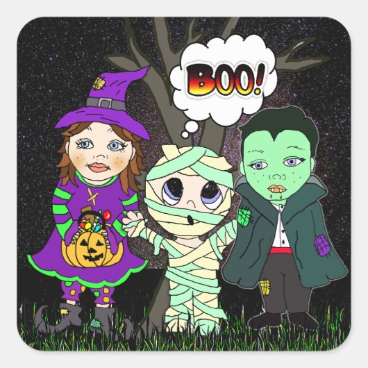 Sticker Carré Boo ! Vampire, sorcière et maman Halloween (Devant)