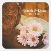 Sticker Carré Boots de cowboy rose Daisées Mariage occidental (Devant)