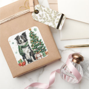 Sticker Carré Border Collie avec écharpe festive près d'un arbre