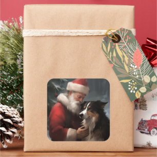 Sticker Carré Border Collie avec le Père Noël Festif Noël