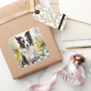 Sticker Carré Border Collie Chien avec œufs de Pâques Vacances 