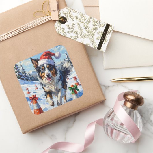 Sticker Carré Border Collie Dog Christmas Snow Agility Fun (Cadeaux)