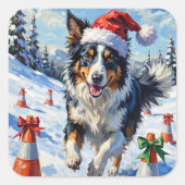 Sticker Carré Border Collie Dog Christmas Snow Agility Fun (Devant)