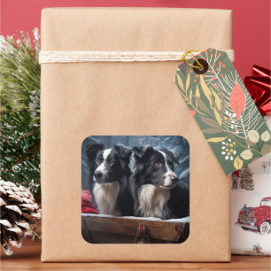 Sticker Carré Border Collie enneigé Luge Décor Noël de Noël 