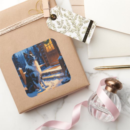 Sticker Carré Border Collie With Christmas Lights Holiday (Cadeaux)