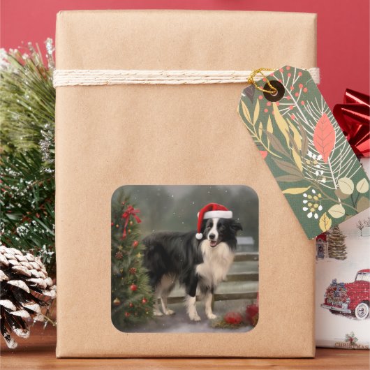 Sticker Carré Bordure Collie Chien dans neige Noël (vacances)