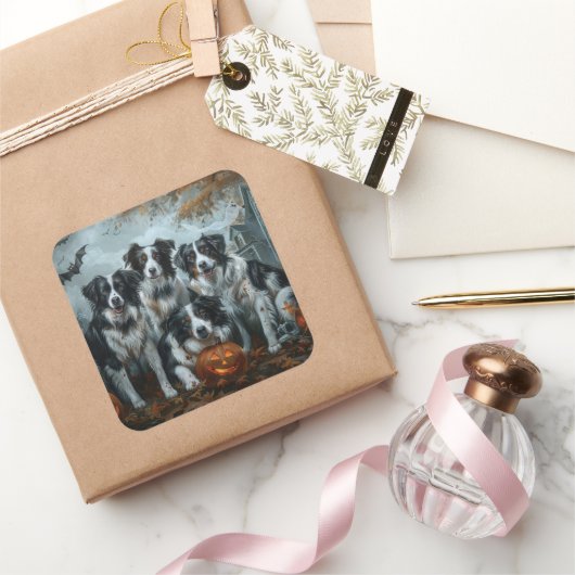 Sticker Carré Bordure Collie Halloween nuit Chien ravir (Cadeaux)