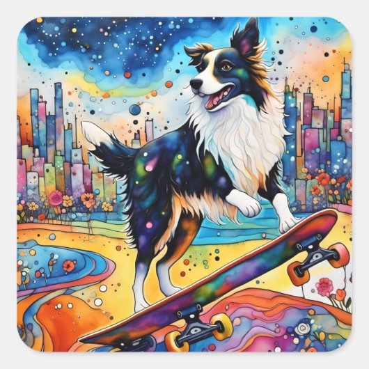 Sticker Carré Bordure Collie Skateboard (Devant)