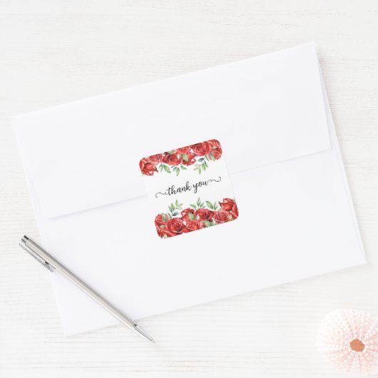 Sticker Carré Bordure de roses rouges à l'aquarelle (Enveloppe)