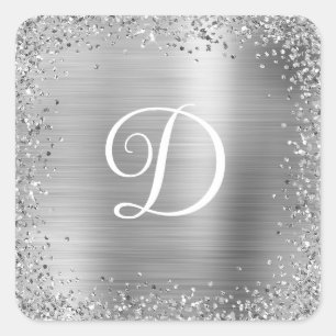 Sticker Carré Bordure Pailletée Argent et Monogramme en Feuille