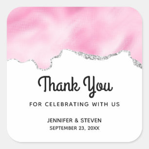 Sticker Carré Bordure Parties scintillant rose et argent Mariage