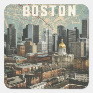 Sticker Carré Boston, Boston Massachusetts City Skyline avec car