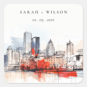Sticker Carré Boston Massachusetts City Scape Mariage d'aquarell