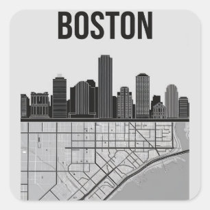 Sticker Carré Boston Massachusetts City Skyline avec carte