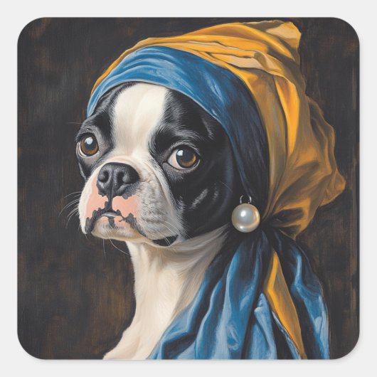 Sticker Carré Boston Terrier Avec Perle Élevant Parodie (Devant)
