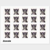 Sticker Carré Boston Terrier dans une couronne de fleurs violett (Feuille)