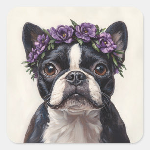 Sticker Carré Boston Terrier dans une couronne de fleurs violett