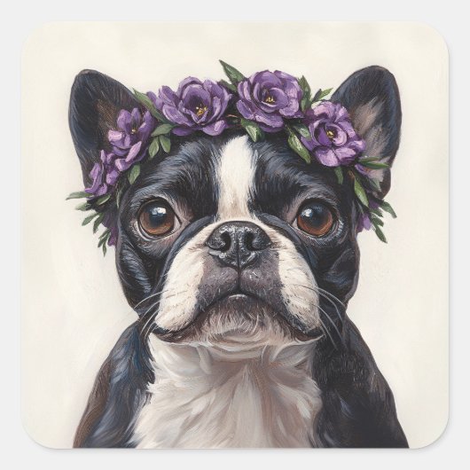 Sticker Carré Boston Terrier dans une couronne de fleurs violett (Devant)