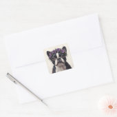Sticker Carré Boston Terrier dans une couronne de fleurs violett (Enveloppe)