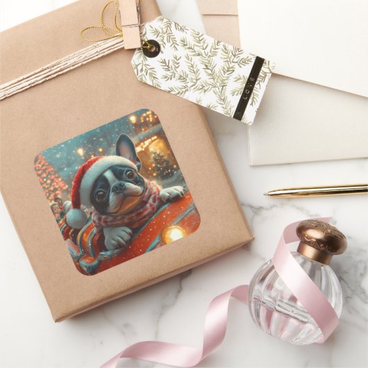 Sticker Carré Boston Terrier Dog Roller Dessous de verre Noël (Cadeaux)