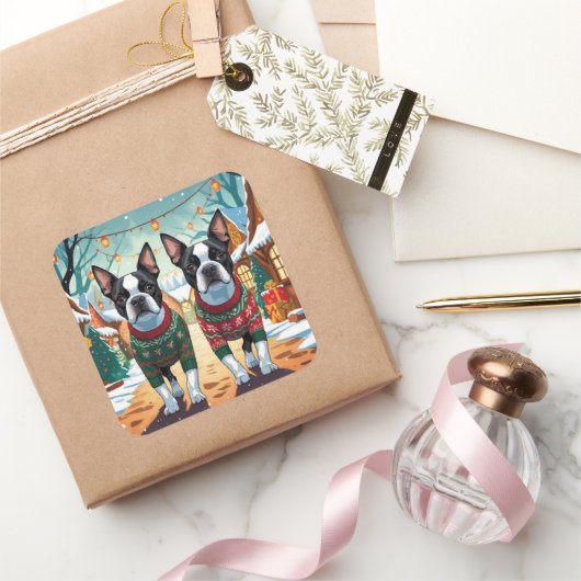 Sticker Carré Boston Terrier Dogs Christmas Snow Holiday (Cadeaux)